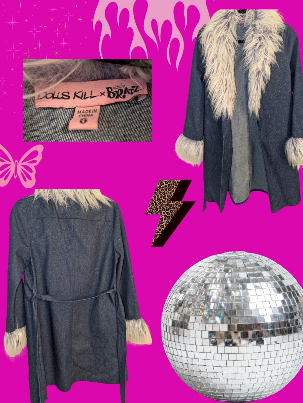 Dolls Kill Denim-Look Coat with Cream Faux Fur Trim